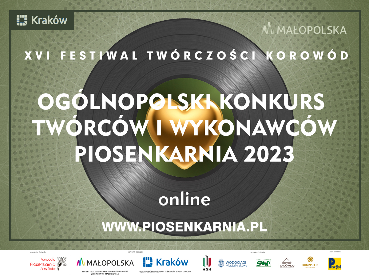 kolorowa grafika z płytą winylową informująca o organizowanym konkursie twórców i wykonawców polskiej piosenki